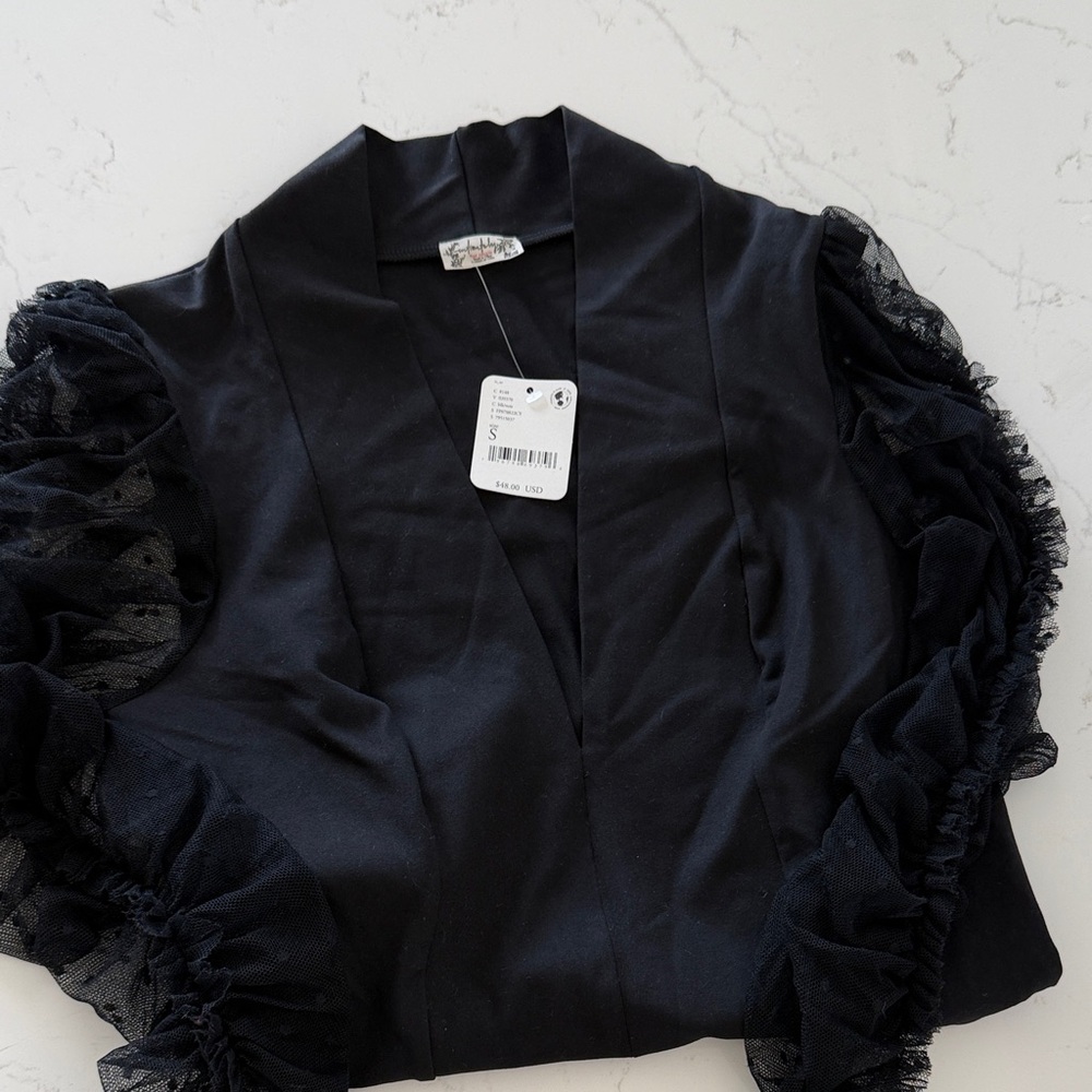 Free People Black V-Neck Top with Ruffle Tulle Sleeves
